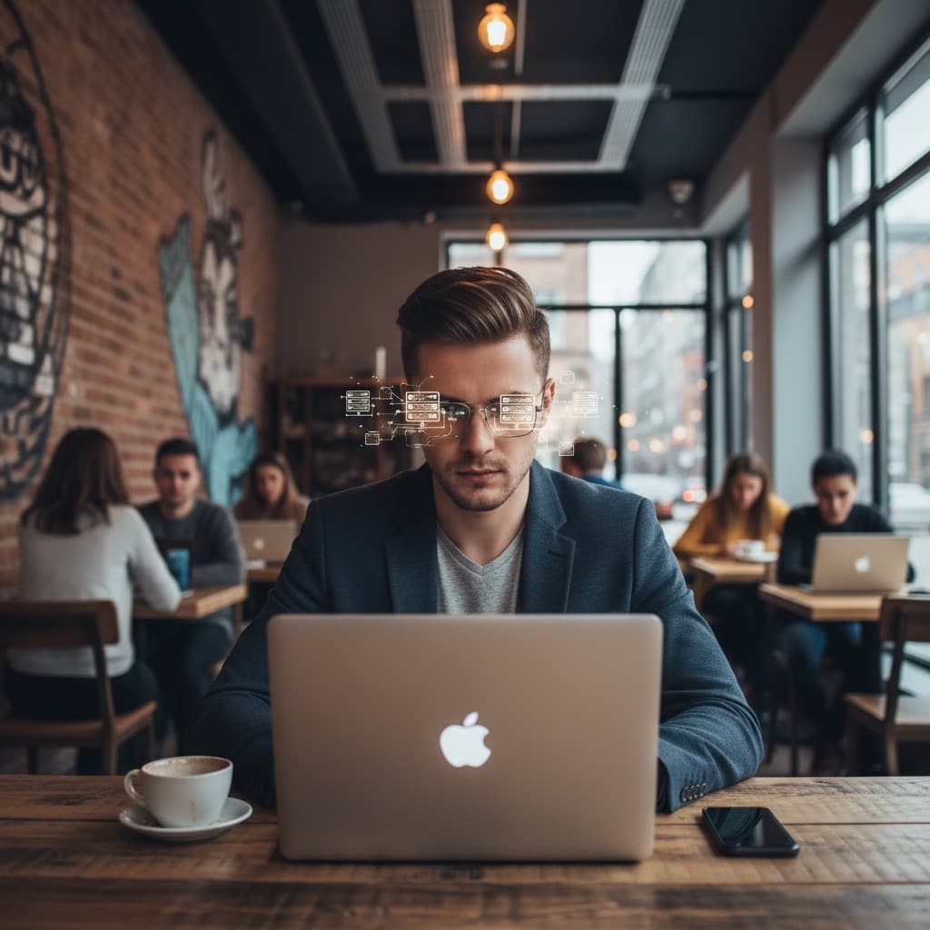Young board member working on laptop in modern coffee shop