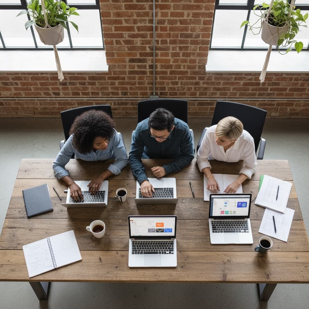Overhead view of three people comparing software options on laptops at conference table