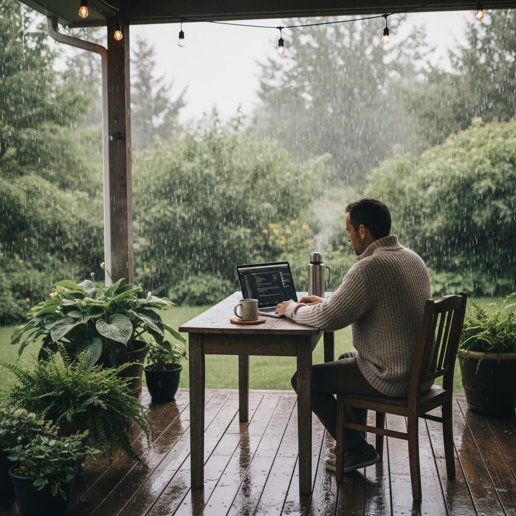 Man using laptop on covered patio of Pacific Northwest home during rain