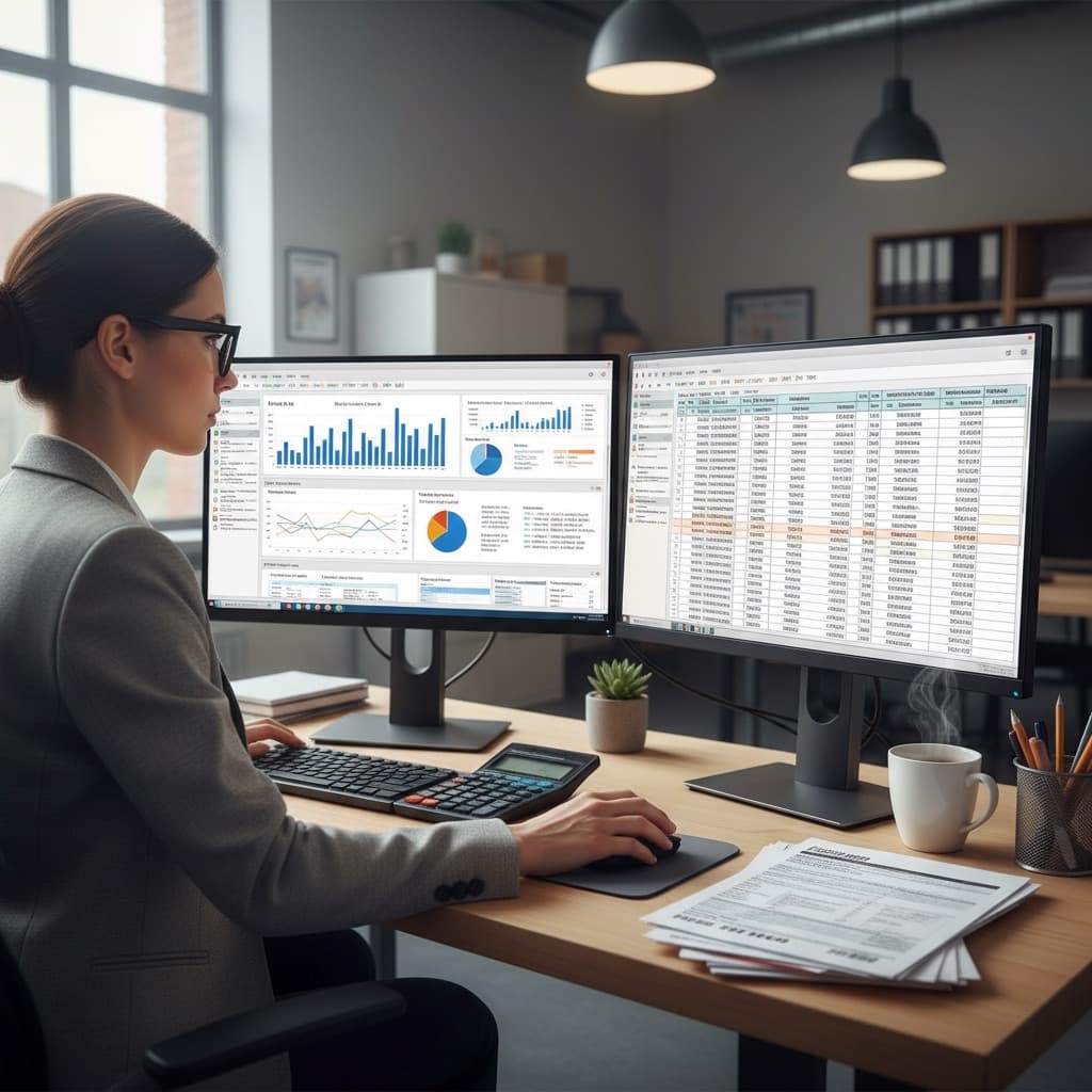 Woman with glasses reviewing accounting software on dual monitors with financial documents