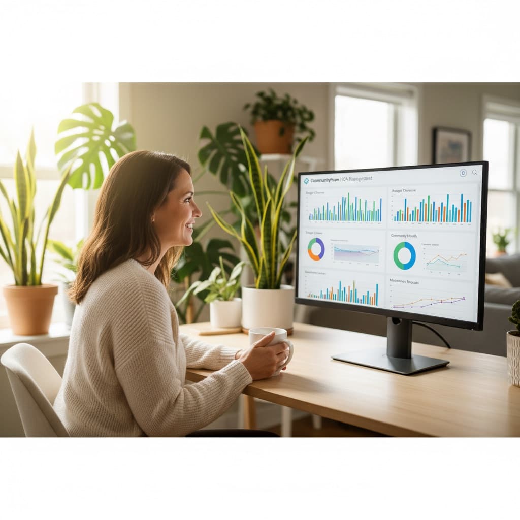 Woman reviewing HOA management software dashboard on her monitor in a bright home office