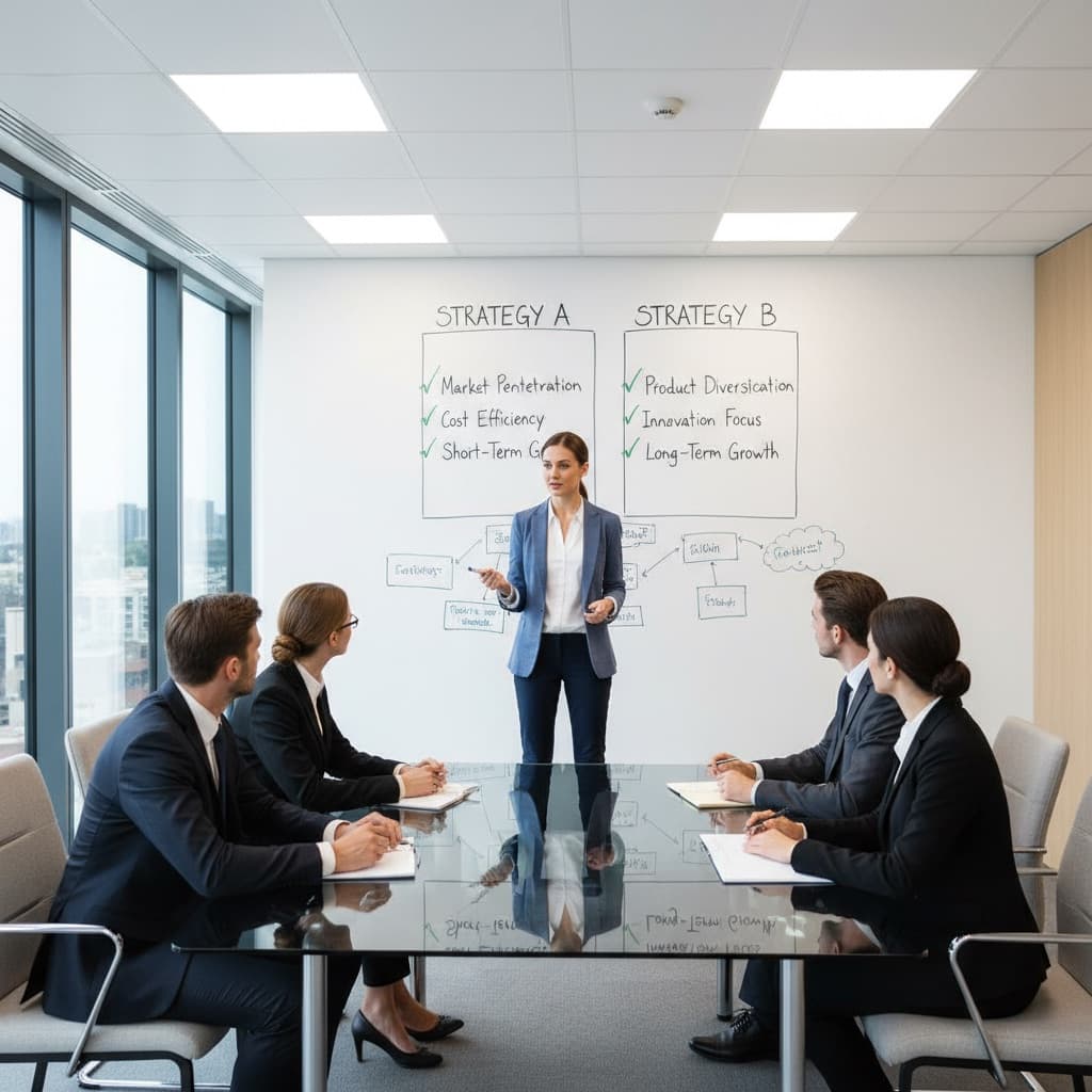 Woman presenting software comparison chart on whiteboard to board members