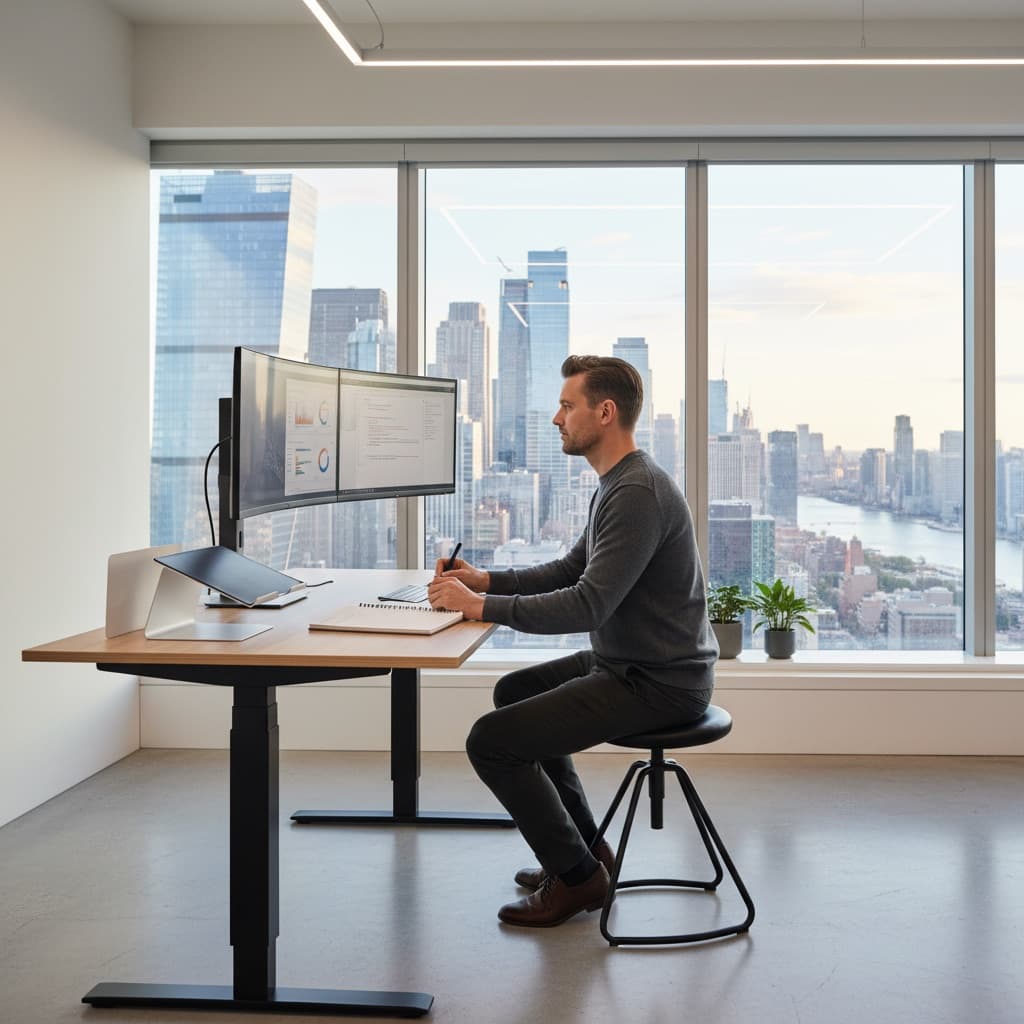 Man comparing two software interfaces side by side on ultrawide monitor