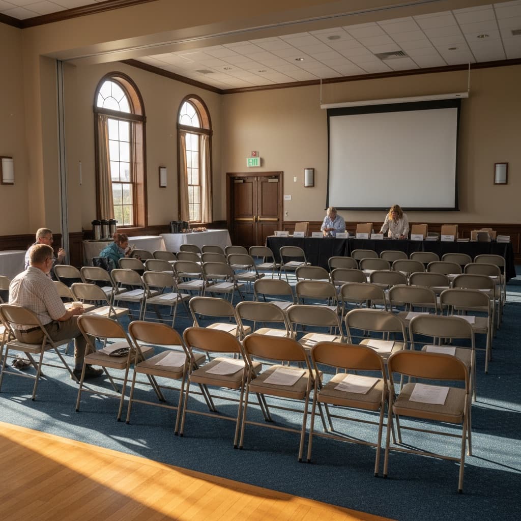 Community room set up for HOA annual meeting with board members preparing at head table