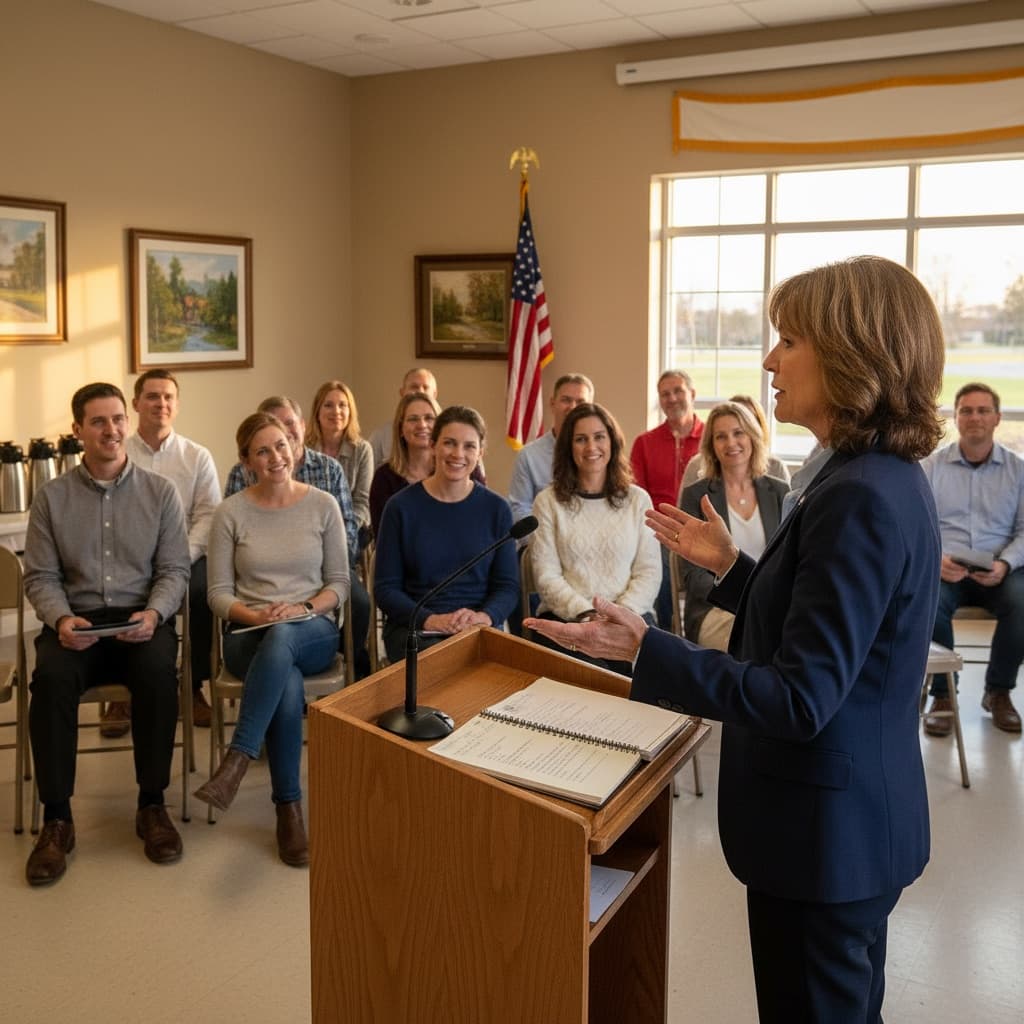 Woman speaking at podium during community center HOA meeting