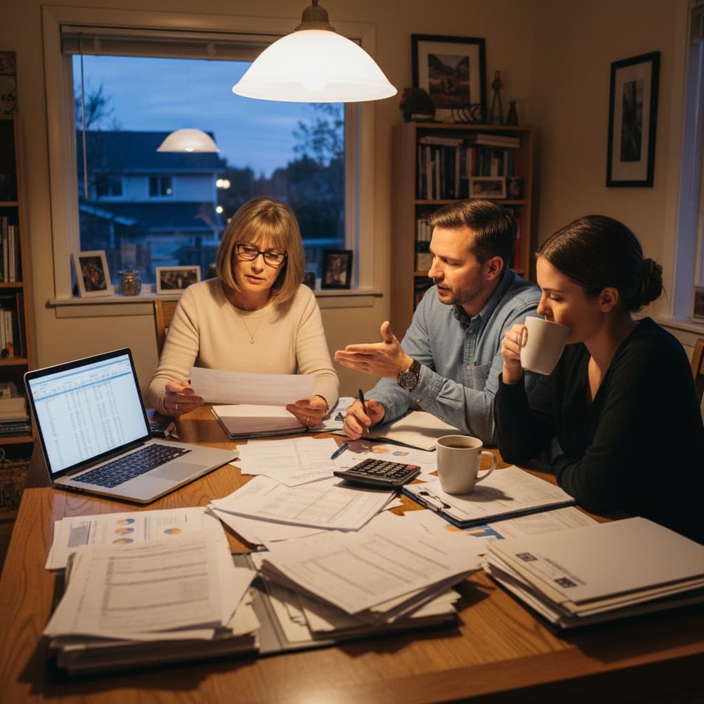 Three people reviewing HOA budget documents and spreadsheets at dining table