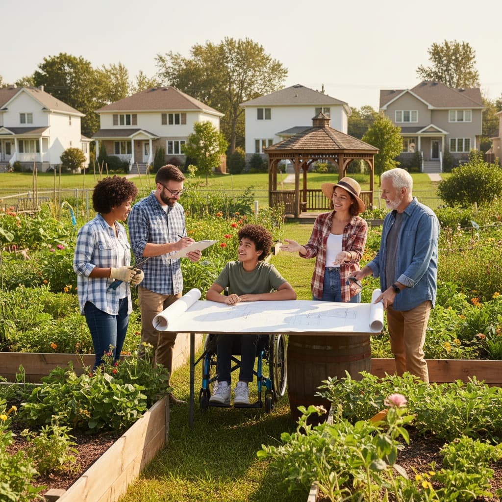 Diverse committee of five people planning landscaping in community garden
