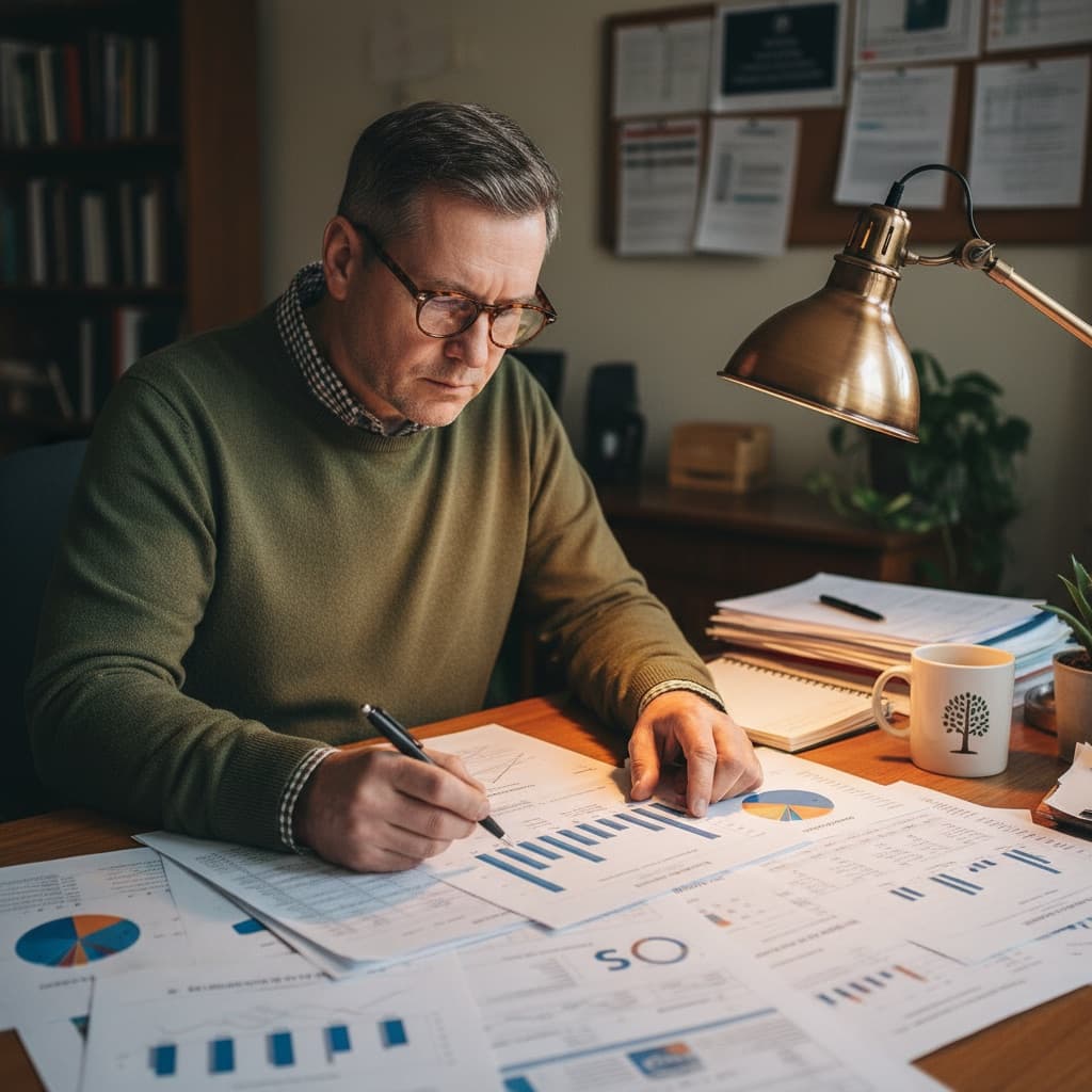 Man with glasses reviewing HOA financial spreadsheets and charts at desk