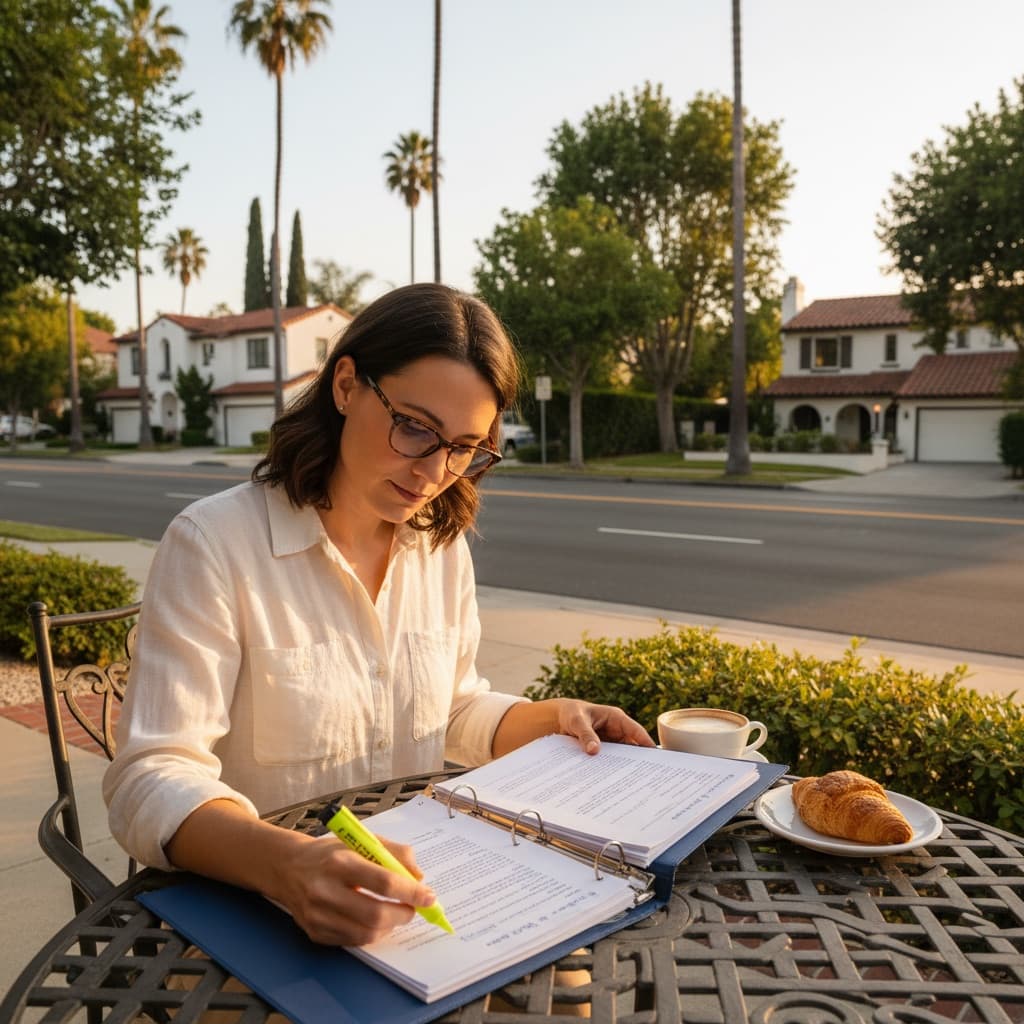 Couple walking through Pacific Northwest neighborhood path reviewing HOA papers