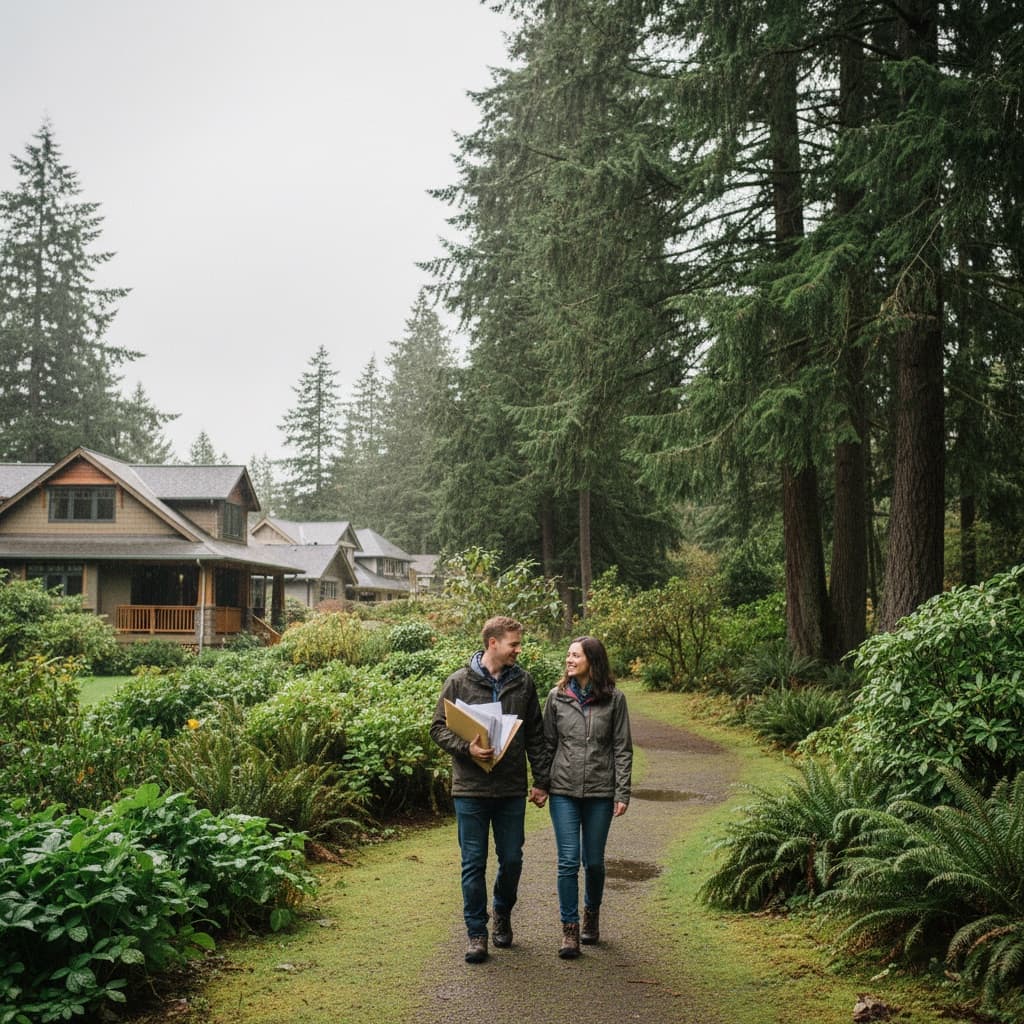 Couple walking through Pacific Northwest neighborhood path reviewing HOA papers