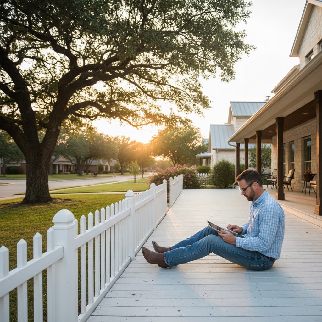 Man reviewing HOA documents on tablet from porch of Texas-style home at sunset