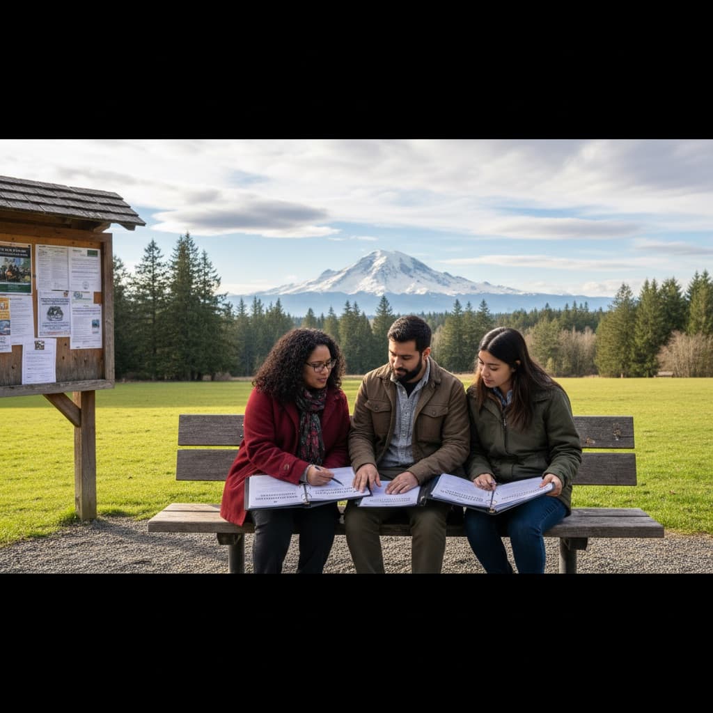 Three people reviewing Washington state HOA documents on park bench with mountain view