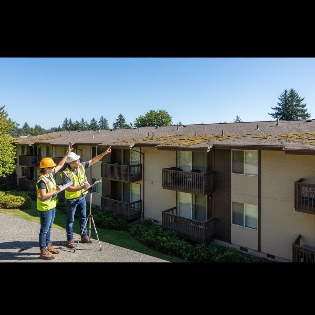 Two people inspecting condominium building exterior for reserve study