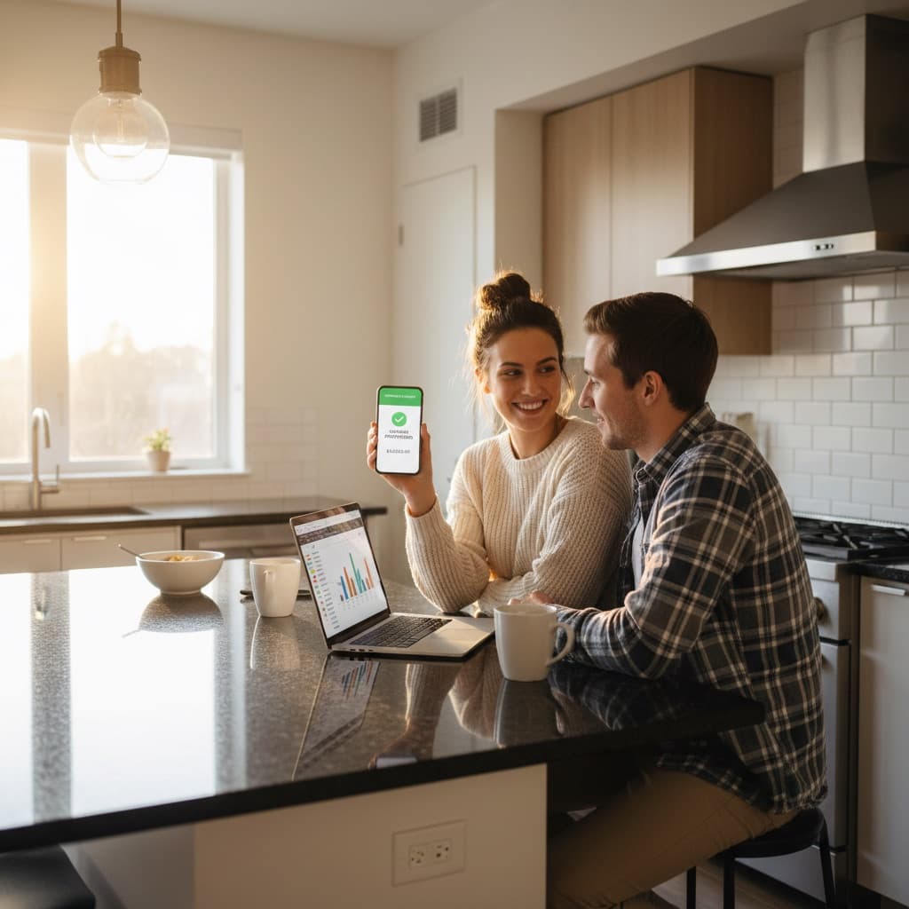 Couple reviewing online HOA payment confirmation on smartphone and laptop at kitchen island