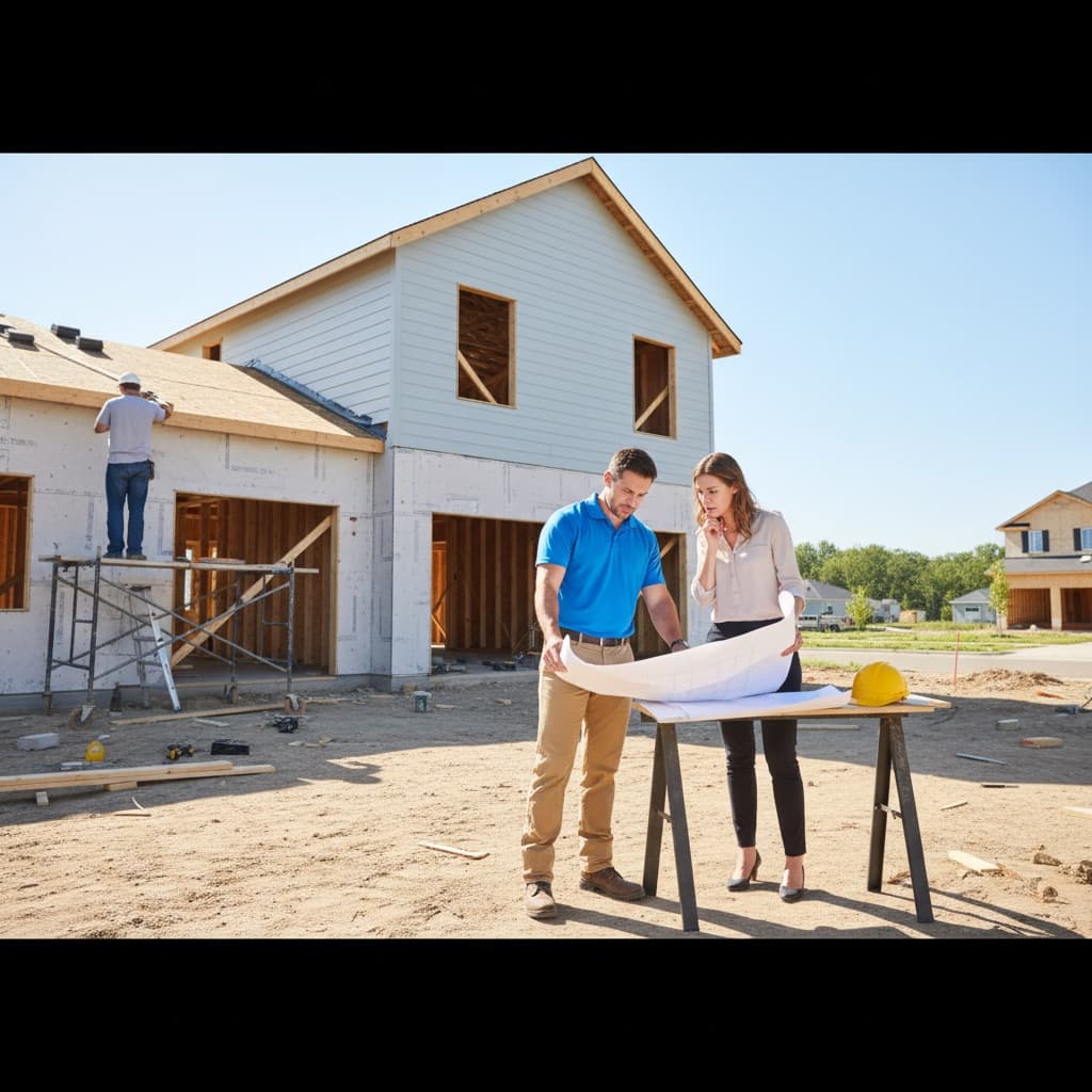 Two people reviewing architectural blueprints outside home under construction