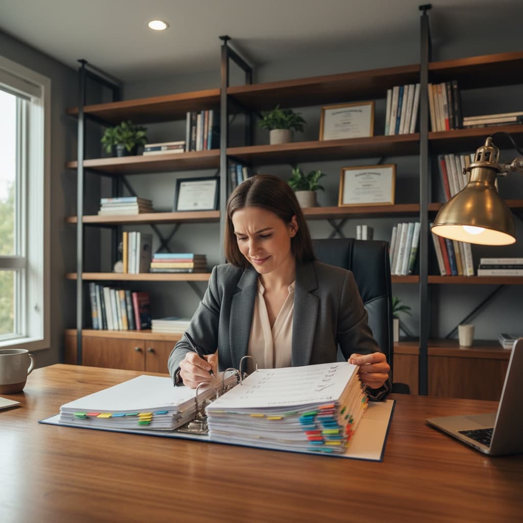Professional woman organizing compliance binder with color-coded tabs at desk