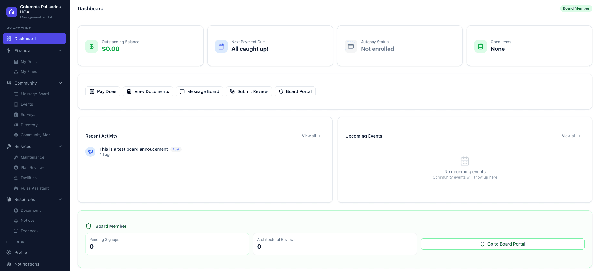 HOA homeowner portal dashboard showing outstanding balance, payment status, autopay, and quick actions