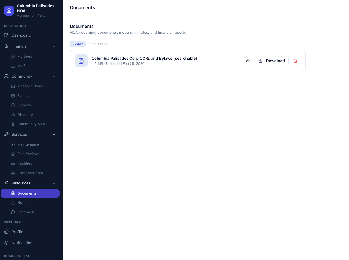 HOA document library showing categorized bylaws and CC&Rs with download and preview options