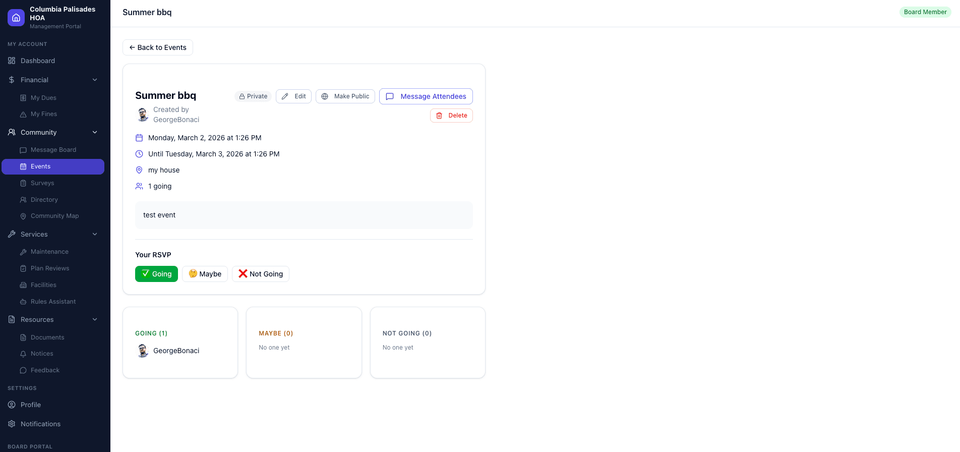 HOA community event detail page with RSVP buttons, attendee list, and event information