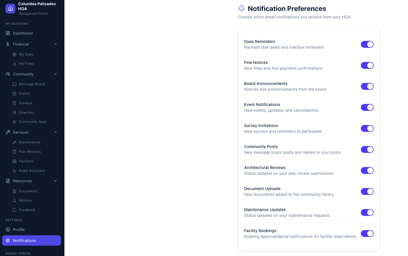 HOA notification preferences page with toggle controls for dues reminders, events, and community updates