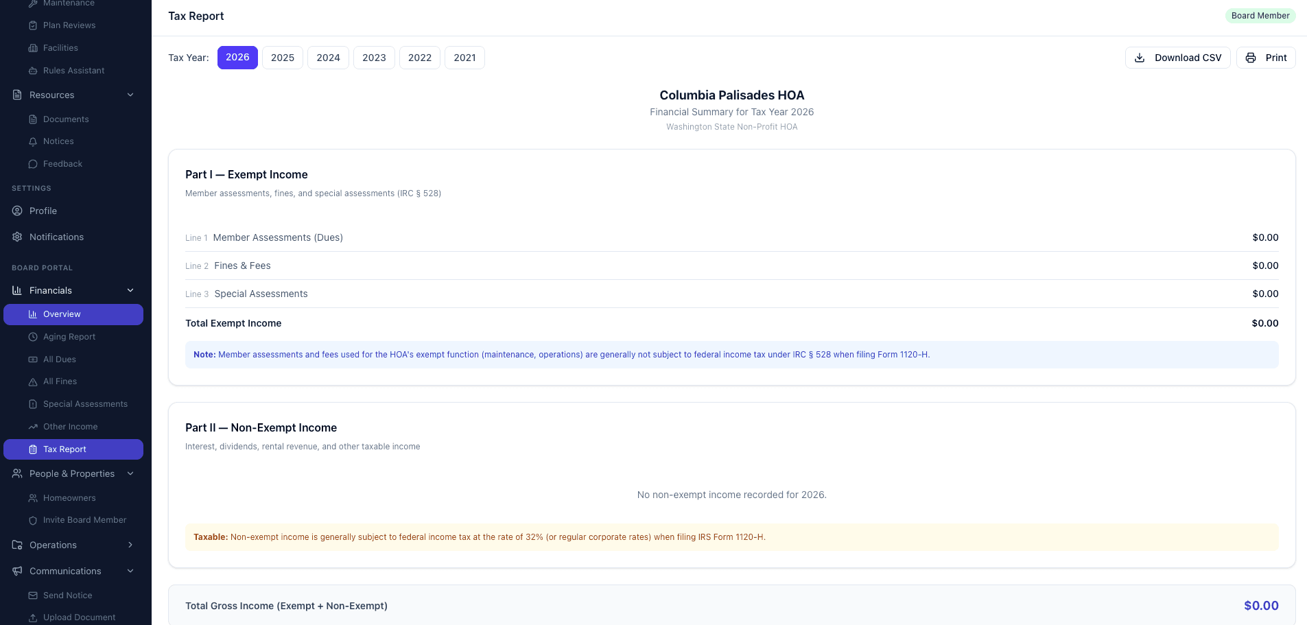 HOA tax report showing exempt and non-exempt income breakdown with year selection