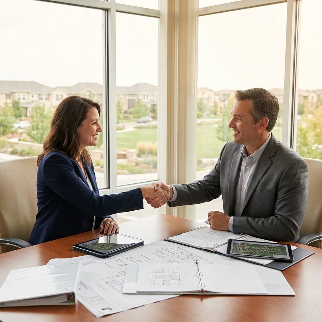Community manager shaking hands with board member at conference table