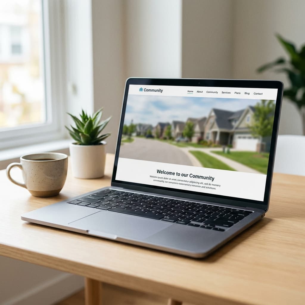 Modern laptop displaying a community website homepage in a bright office