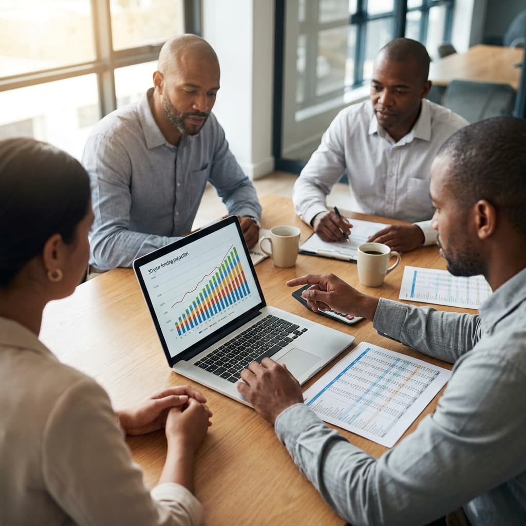 HOA board members comparing reserve study software on a laptop with printed funding charts and a component spreadsheet on the table