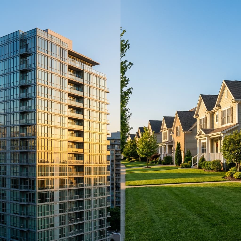 Split view comparing a condominium building and a single-family home community with HOA