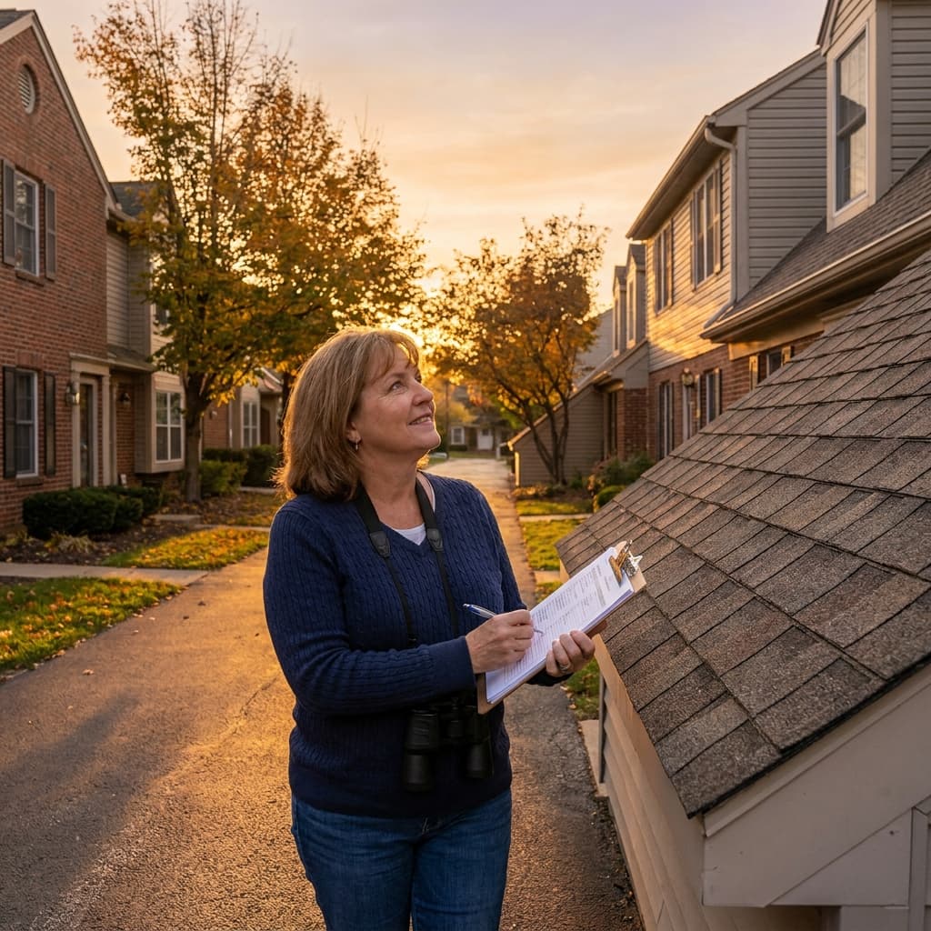 HOA board member walking the property with a clipboard, checking components against a reserve study list
