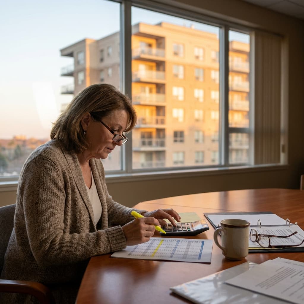 Condo board treasurer checking the reserve contribution line of an annual budget against Fannie Mae warrantability requirements