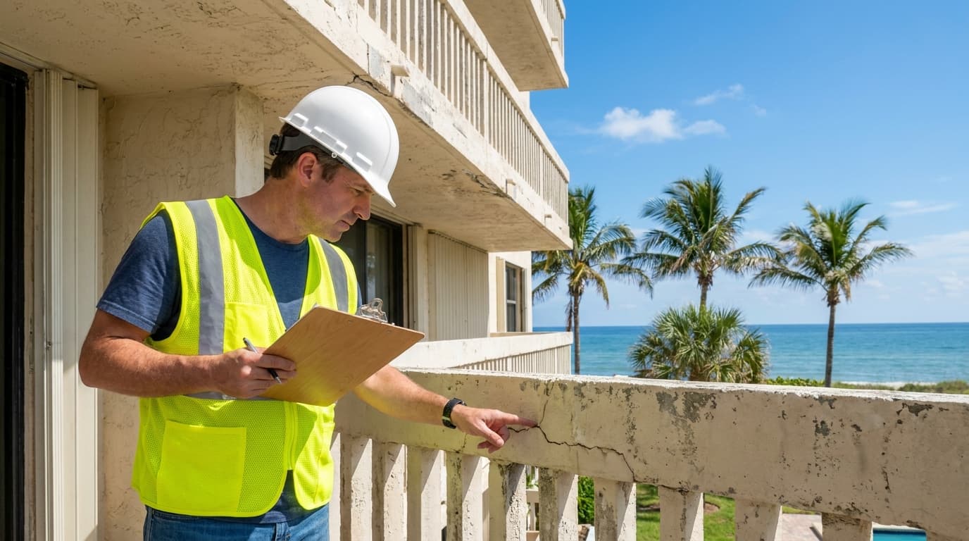 Structural engineer examining the concrete balcony structure of a mid-rise Florida condominium building