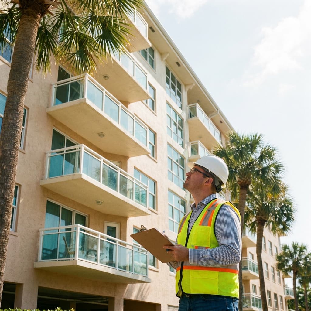 Engineer inspecting the exterior of a mid-rise Florida condominium building