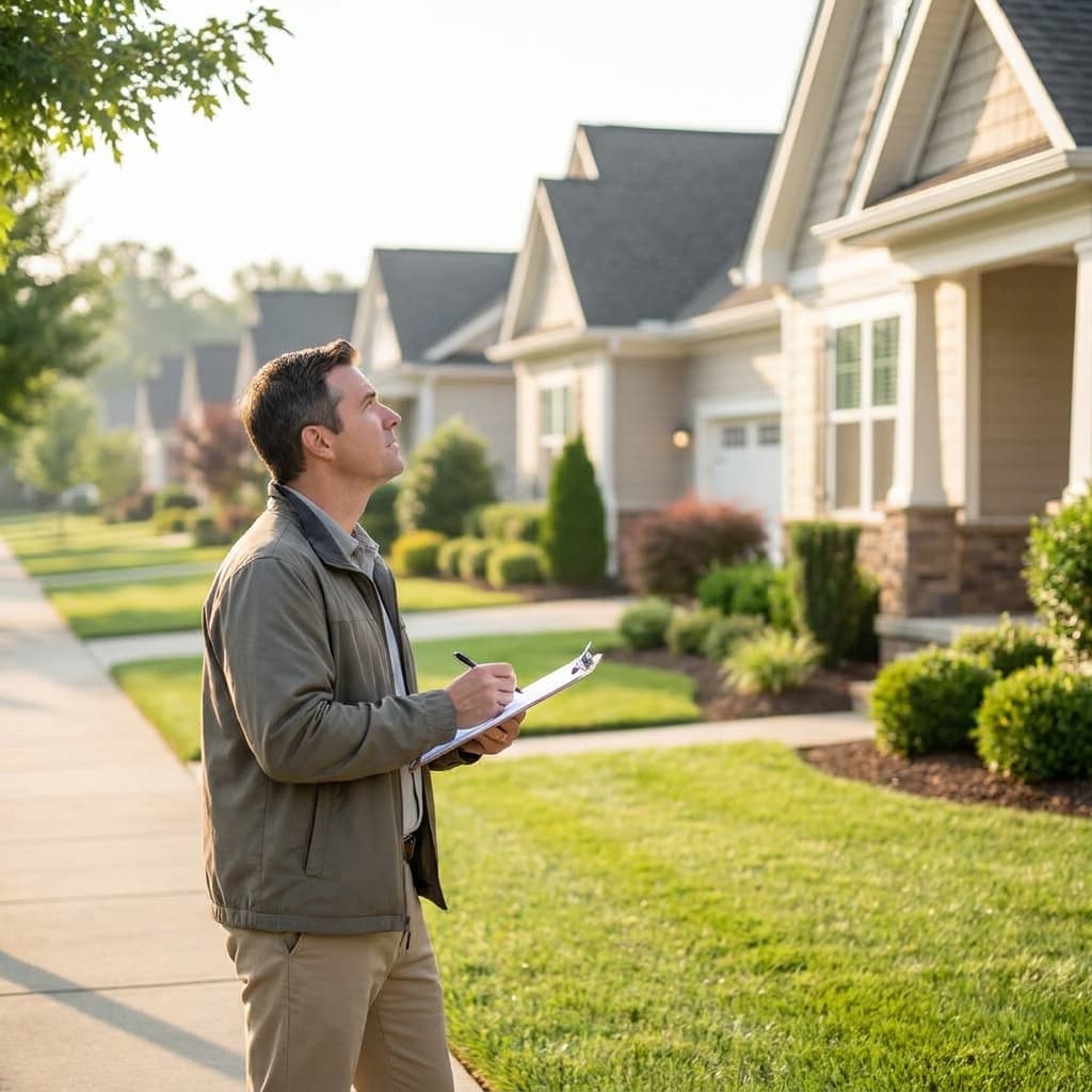 Community association inspector with a clipboard walking a suburban HOA street during a routine inspection
