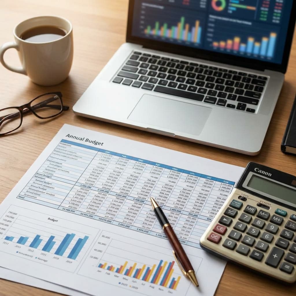 Three people reviewing HOA budget documents and spreadsheets at dining table