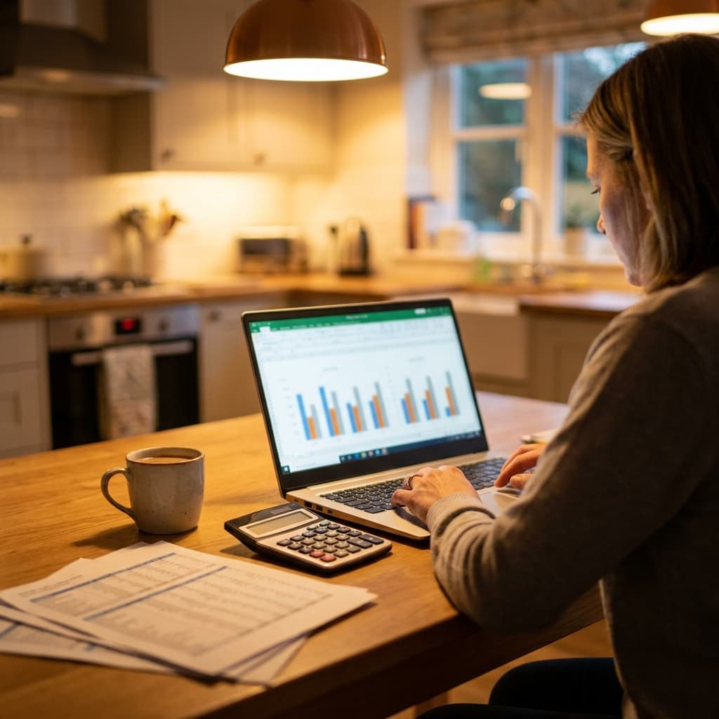 Volunteer HOA treasurer reviewing annual budget charts on a laptop at a kitchen table in the evening