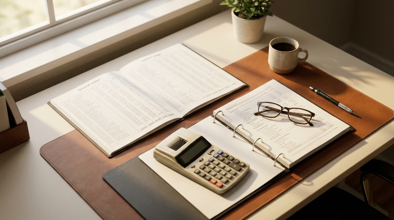 HOA treasurer reviewing a printed chart of accounts and general ledger reports at a desk with a laptop