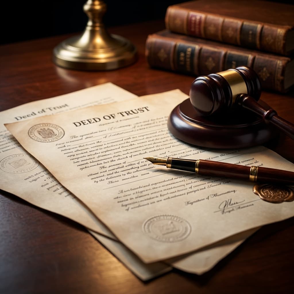 Legal documents showing property lien filing with home keys and courthouse in background