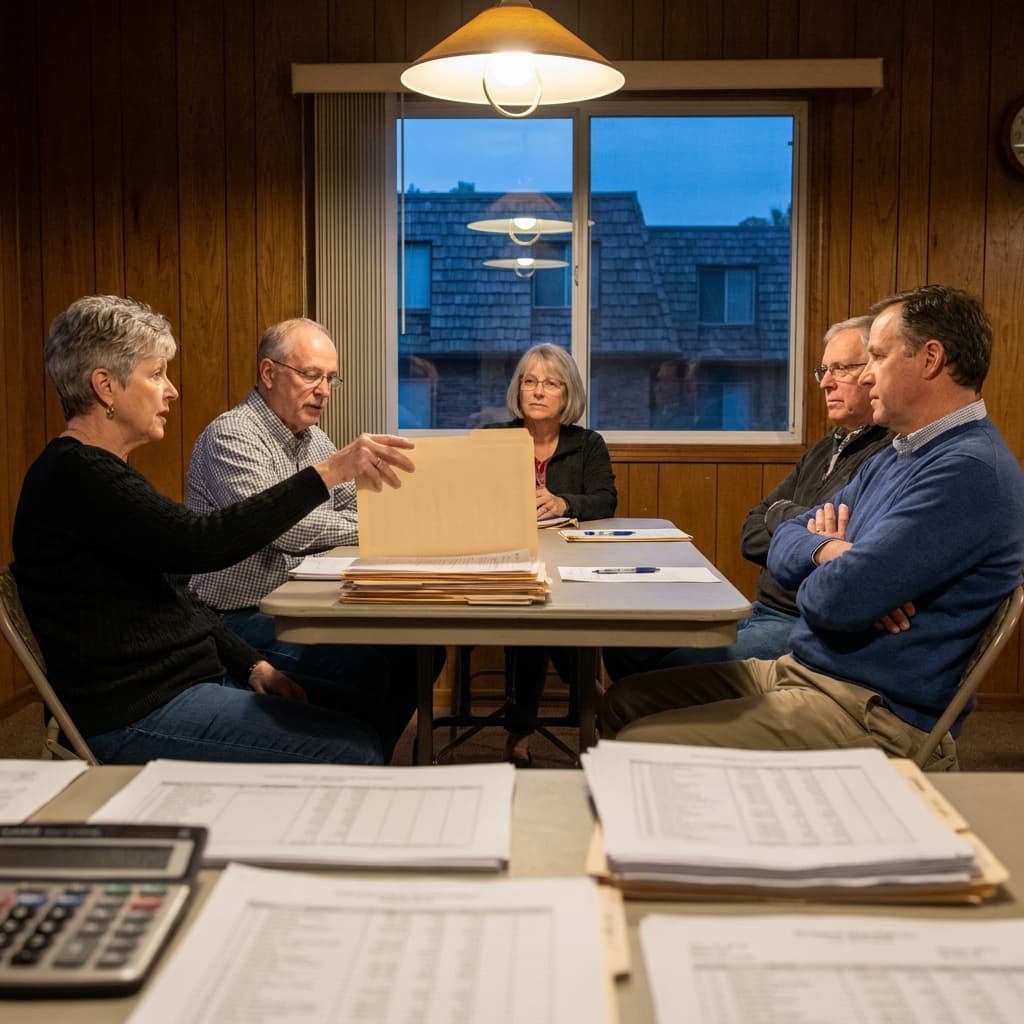 HOA board members comparing contractor bids and loan amortization printouts at a community clubhouse meeting