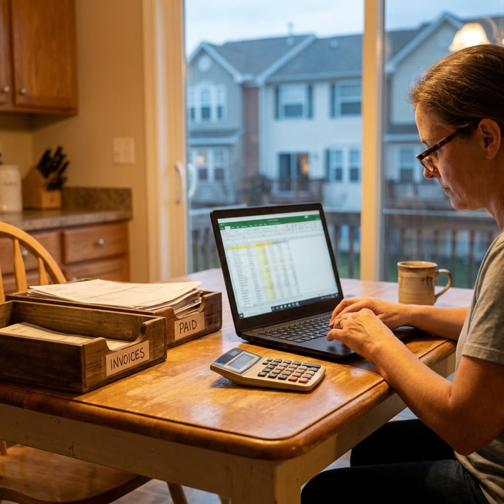 HOA treasurer sorting invoices into two separate trays for operating and reserve funds at a kitchen table