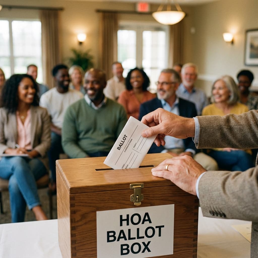 Homeowner filling out an HOA proxy voting form with a pen at kitchen table