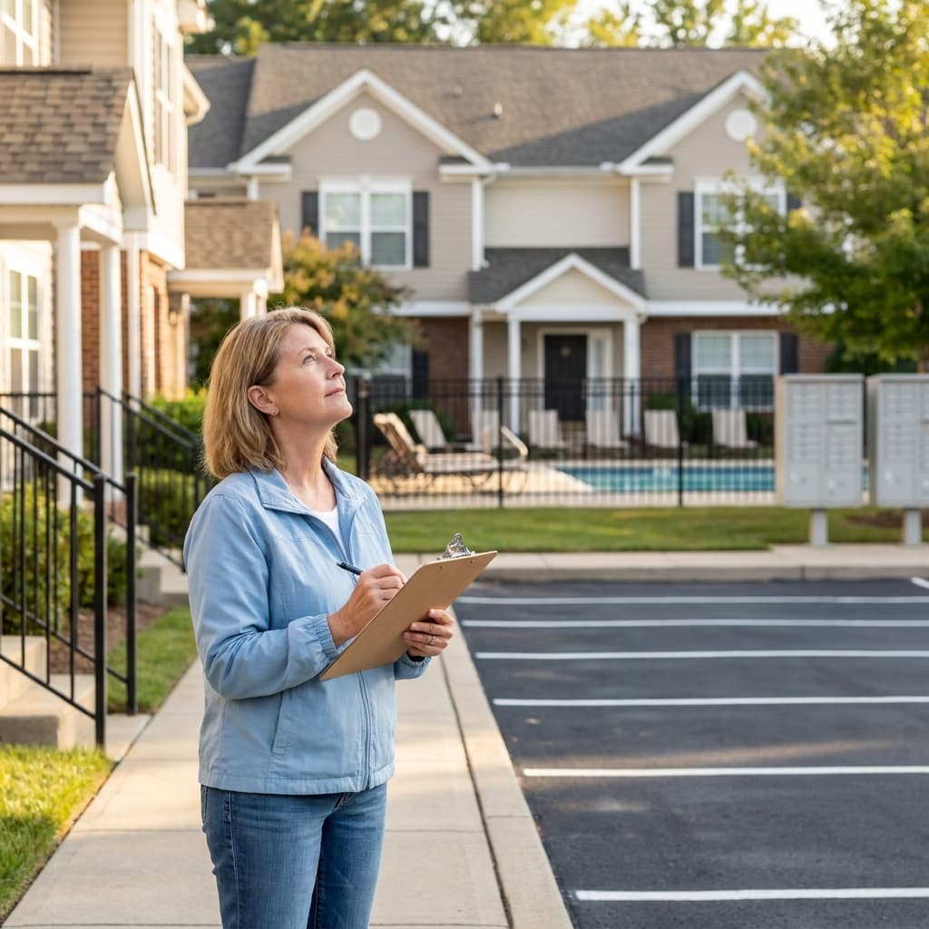 HOA board member walking a townhome community with a reserve component checklist, inspecting roofline, paving, and pool assets
