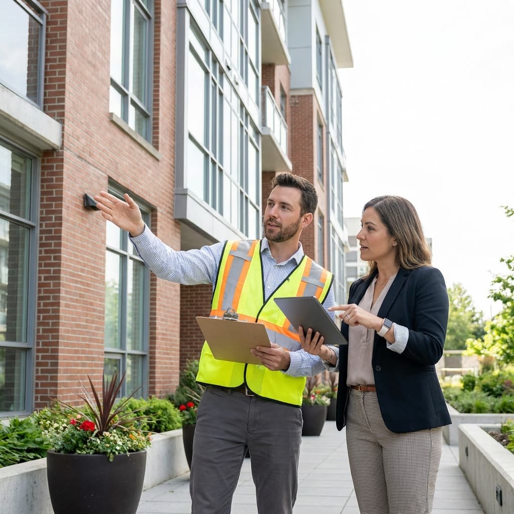 Reserve study analyst inspecting HOA townhome roofs with a tablet, noting component conditions and replacement costs during a site visit