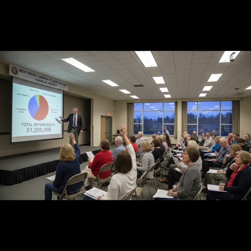Board member presenting financial charts to homeowners in community hall