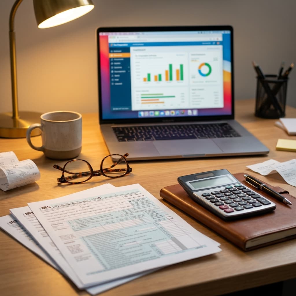 Tax documents and calculator on desk with HOA financial reports