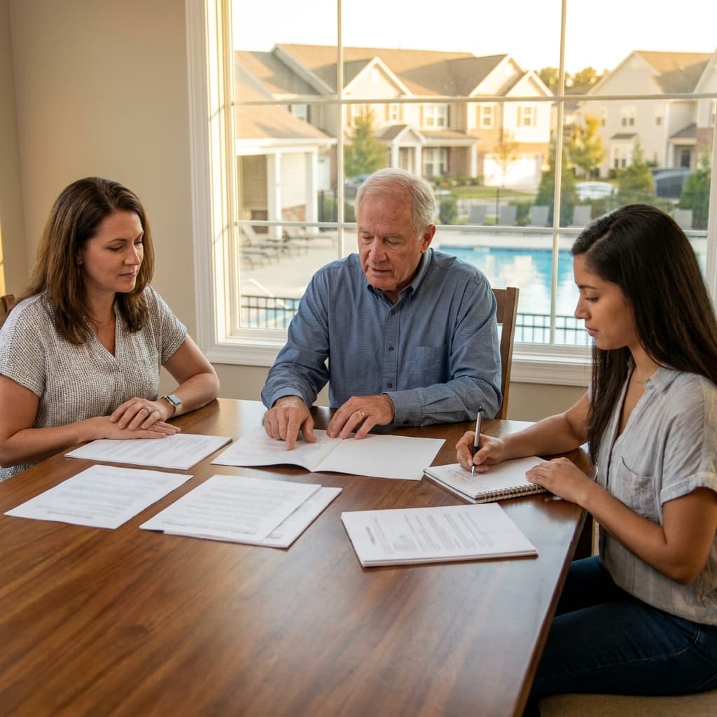 Volunteer HOA board members comparing reserve study proposals from competing firms at a clubhouse table