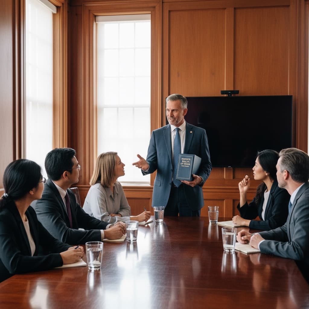 Board president leading HOA meeting with six diverse members around conference table