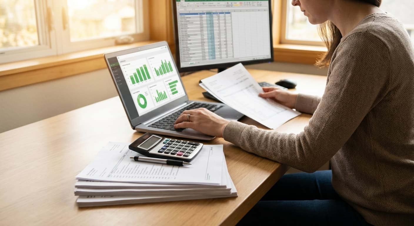 Volunteer HOA treasurer setting up QuickBooks Online on a laptop beside association bank statements and a printed chart of accounts