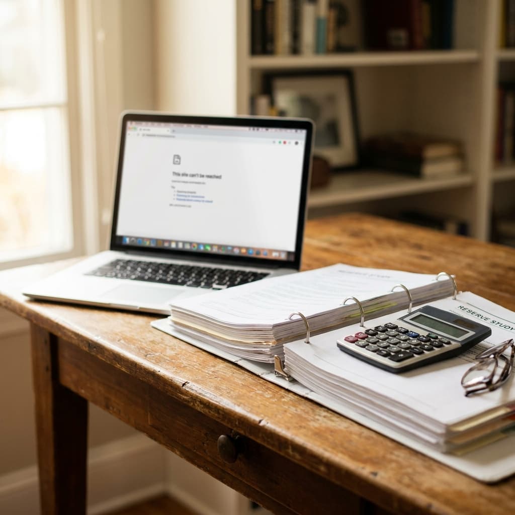 Laptop showing a browser 'site cannot be reached' error next to a printed reserve study, illustrating a discontinued reserve study software product