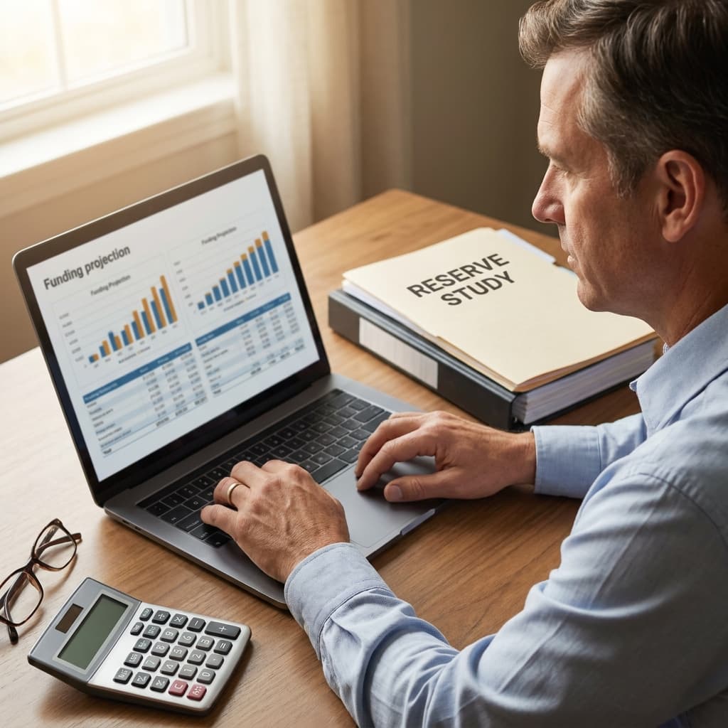HOA treasurer comparing reserve planning software pricing on a laptop, with a printed reserve study and calculator on a desk